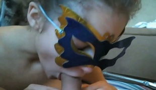 Masked girl giving awesome deepthroat blowjob in real amateur sex movie scene