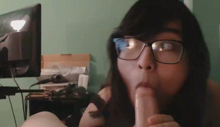 Nerdy Shemale Tastes Wang for the First Time
